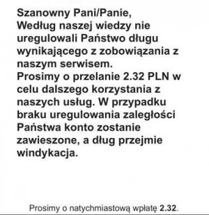 ,,printscreen&#039;&#039; wiadomości tekstowej z wiadomością od oszusta