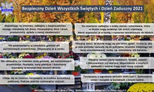 plakat, na którym przedstawiono zasady bezpieczeństwa w okresie Wszystkich Świętych