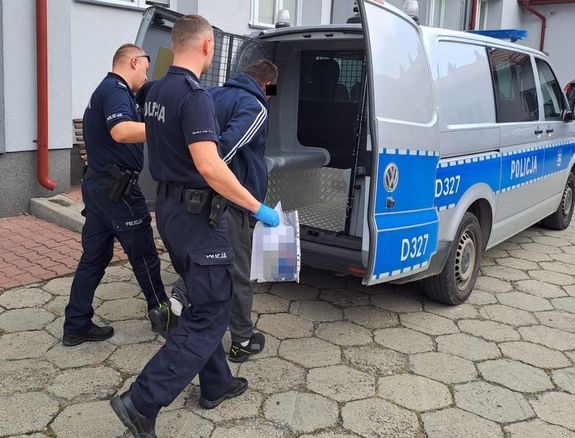 zatrzymany prowadzony przez policjantów do radiowozu