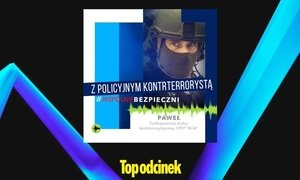 Infografika dotycząca najnowszego podcastu. Policja zaprasza. Z policyjnym kontrterrorystą. #wspólniebezpieczni. Top odcinek. #SpotifyWrapped.