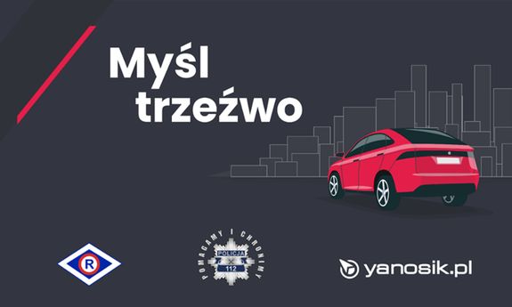 Grafika przedstawia samochód oraz napis &quot;Myśl trzeźwo&quot;