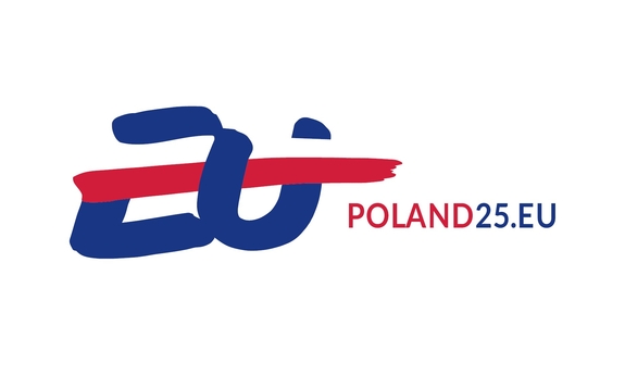 logo polskiej prezydencji w Radzie Unii Europejskiej, flaga Polski na literach EU, obok napis Poland 25.EU