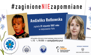 Grafika z wizerunkiem Andżeliki w wieku dziecięcym oraz jej wizerunek po wykonaniu progresji wieku.