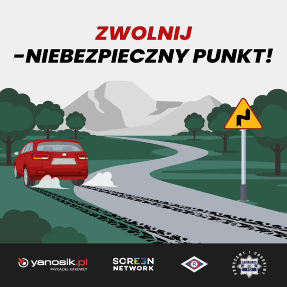 grafika z napisem &quot;Zwolnij - niebezpieczny punkt!&quot;