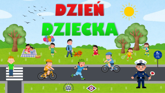 grafika przedstawiająca bawiące się dzieci i policjanta. U góry napis &quot;Dzień Dziecka&quot;