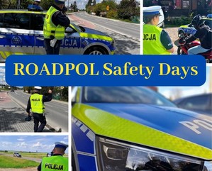 kolarz ze zdjęć z policjantami ruchu drogowego i napisem ROADPOL Safety Days