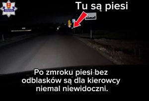 widok pieszych bez odblasków na drodze po zmroku