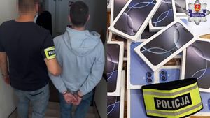 kolaż zdjęć. Zatrzymany prowadzony przez policjanta i telefony