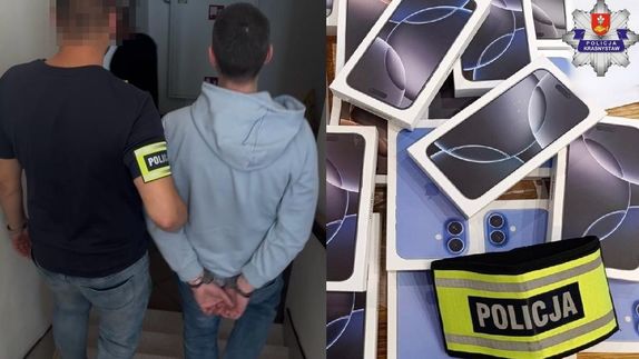 kolaż zdjęć. Zatrzymany prowadzony przez policjanta i telefony