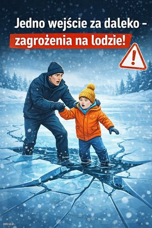 PLAKAT DOTYCZĄCY OSTROŻNEGO WCHODZENIA NA ZAMARZNIĘTE ZBIORNIKI WODNE