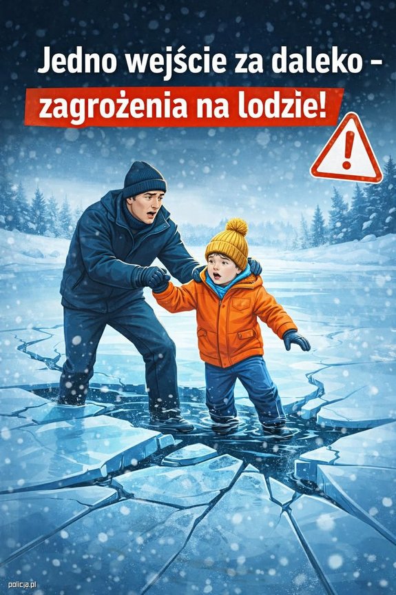 PLAKAT DOTYCZĄCY OSTROŻNEGO WCHODZENIA NA ZAMARZNIĘTE ZBIORNIKI WODNE