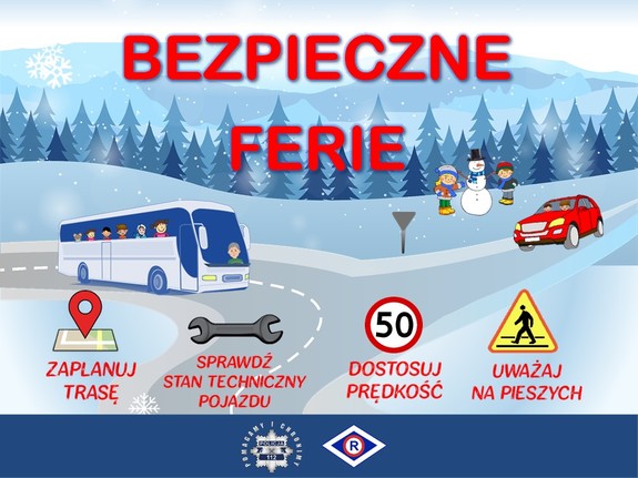 Grafika z napisem: Bezpieczne ferie.