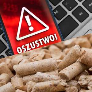 grafika przedstawia telefon komórkowy na klawiaturze komputera z napisem na wyświetlaczu "Oszustwo" oraz poniżej pellet