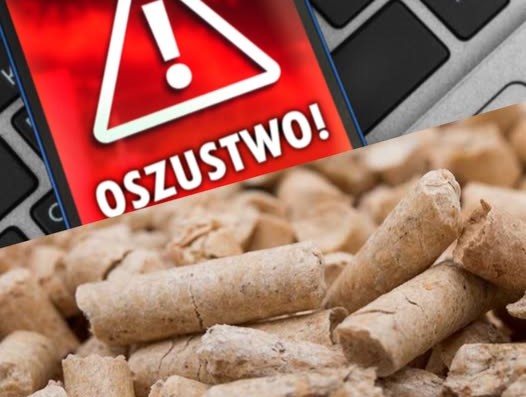 grafika przedstawia telefon komórkowy na klawiaturze komputera z napisem na wyświetlaczu &amp;quot;Oszustwo&amp;quot; oraz poniżej pellet