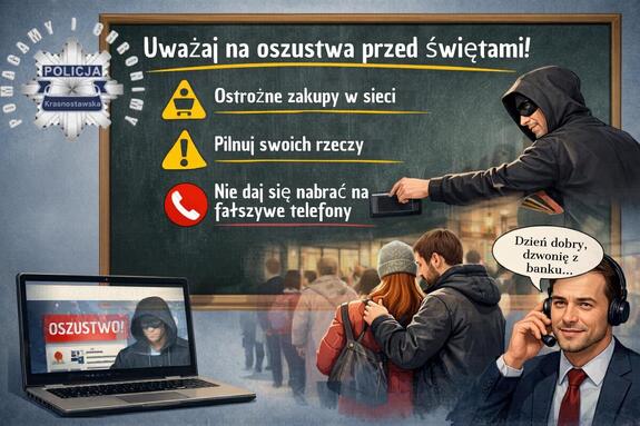 grafika uważaj na oszustwa przed świętami