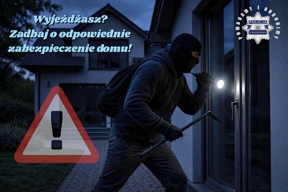 Włamywacz przy domu. U góry tekst: Wyjeżdżasz? Zadbaj o odpowiednie zabezpieczenie domu.