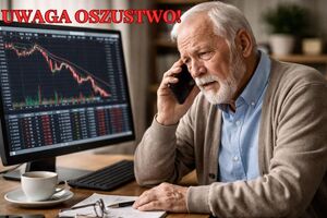 senior przed ekranem komputera z telefonem w ręku