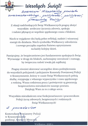 Życzenia Wielkanocne Komendanta Powiatowego Policji w Krasnymstawie