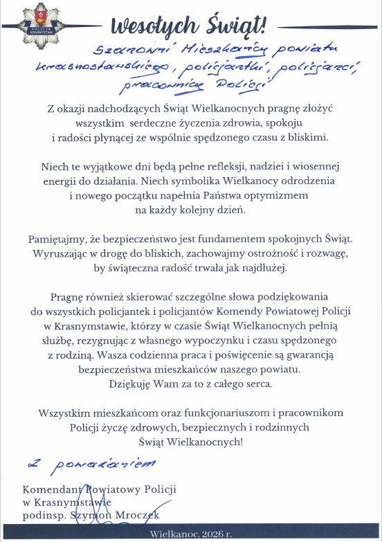 Życzenia Wielkanocne Komendanta Powiatowego Policji w Krasnymstawie