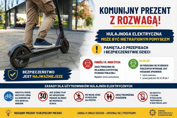 grafika przedstawiająca informację na temat bezpiecznego poruszania się hulajnogą elektryczną