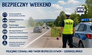 grafika bezpieczny weekend. Policjant kontroluje ruch na drodze