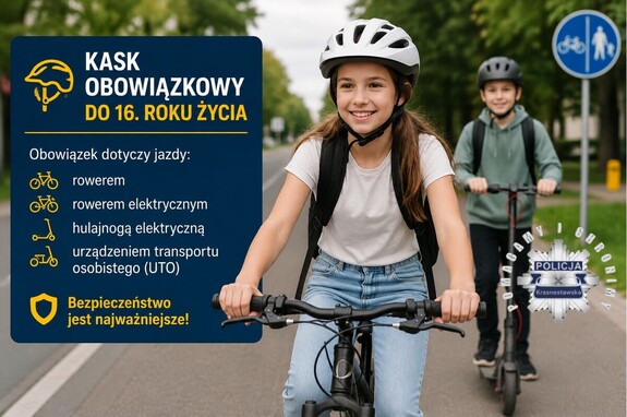dzieci na rowerze i hulajnodze w kaskach ochronnych na głowach