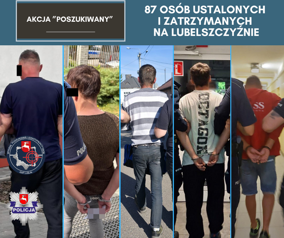 "Pięć zatrzymanych osób umieszczonych na jednym zdjęciu z napisem akcja poszukiwany."