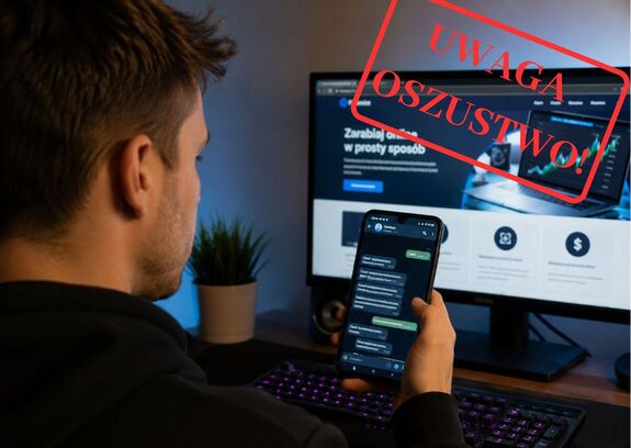 Mężczyzna przed komputerem z telefonem w ręku