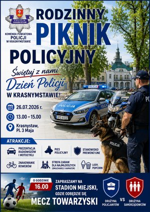 Plakat informujący o pikniku rodzinnym z okazji Święta Policji w Krasnymstawie