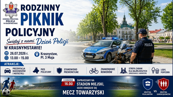 Plakat informujący o pikniku rodzinnym z okazji Święta Policji w Krasnymstawie