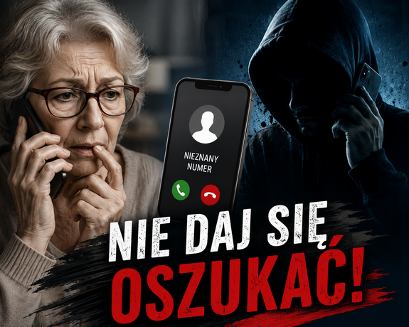seniorka z telefonem w ręku i tekst &amp;quot;Nie daj się oszukać&amp;quot;