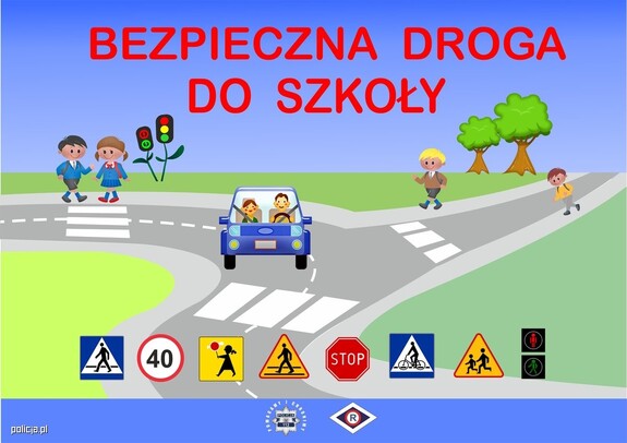 Grafika z napisem Bezpieczna droga do szkoły. Dziewczynka i chłopiec stojący na przejściu dla pieszych.